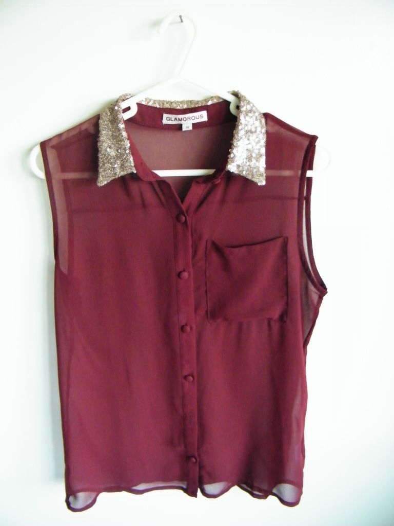 Desire Clothing Burgundy Sleeveless Shirt With Gold Sequin Collar