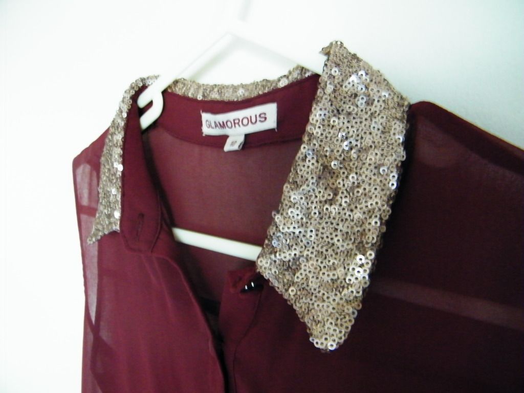 Desire Clothing Burgundy Sleeveless Shirt With Gold Sequin Collar